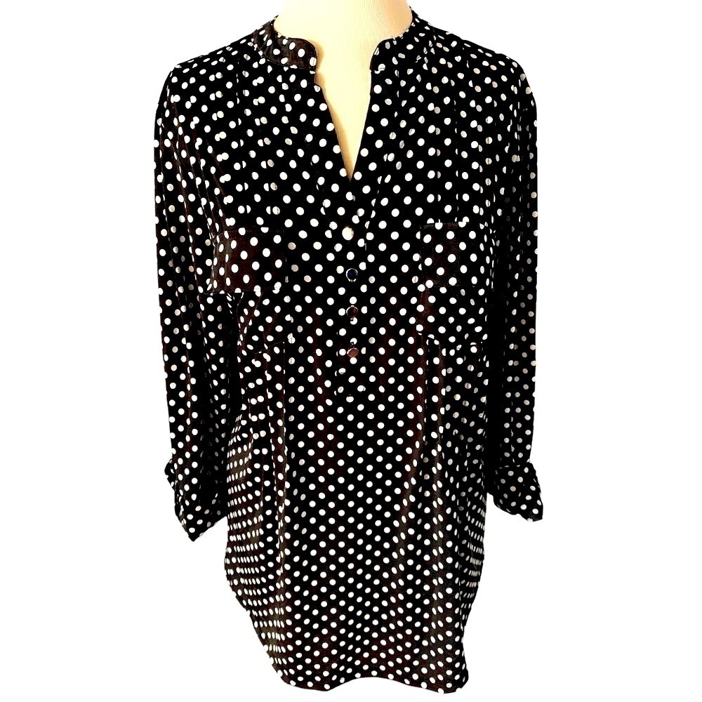 COCOMO 1X Black White Polka Dot 3/4 sleeve Plus Size women's Pintuck Blo…